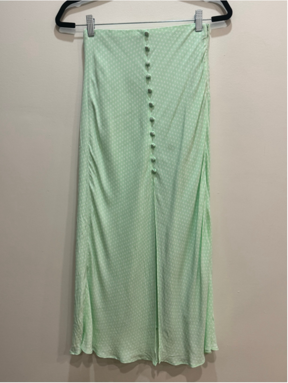 NWT Zara Mint Green White Polka Dot Button Front Slit Midi Skirt XS